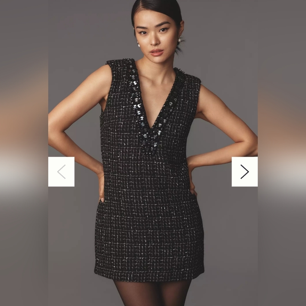 NWT Anthropologie Maeve Black White Tweed V-Neck Mini Dress | Textured Shift